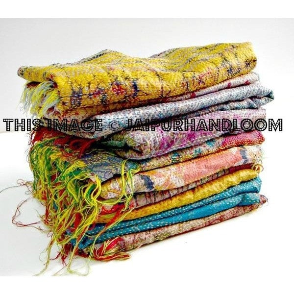 10pc kantha Sari Scarf Quilted reversible Indian Stole Silk Sari Shawl Scarves-Jaipur Handloom