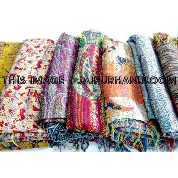 10pc kantha Sari Scarf Quilted reversible Indian Stole Silk Sari Shawl Scarves-Jaipur Handloom