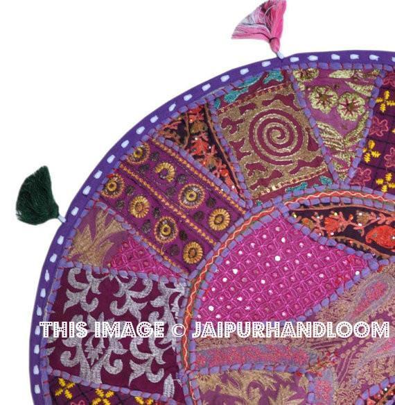 Purple 32" Big Round Floor Pillow Cushion round seating Bohemian Patchwork floor cushion pouf Vintage Indian Foot Stool Bean Bag-Jaipur Handloom
