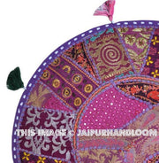 Purple 32" Big Round Floor Pillow Cushion round seating Bohemian Patchwork floor cushion pouf Vintage Indian Foot Stool Bean Bag-Jaipur Handloom