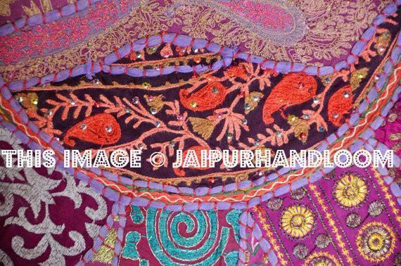 Purple 32" Big Round Floor Pillow Cushion round seating Bohemian Patchwork floor cushion pouf Vintage Indian Foot Stool Bean Bag-Jaipur Handloom