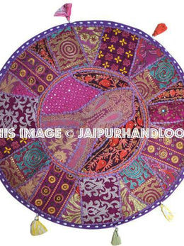 Purple Cushion Cover Round Pouf Ottoman Floor Cushions 32"