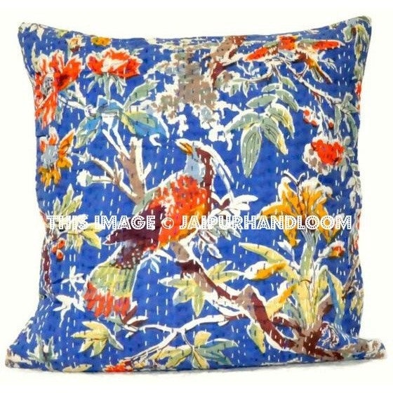 16x16" Blue Handmade Kantha Pillow, Kantha Decorative throw Pillow, kantha cushion, Floral Pillow Cushion, Indian Pillow, Cotton Pillow-Jaipur Handloom