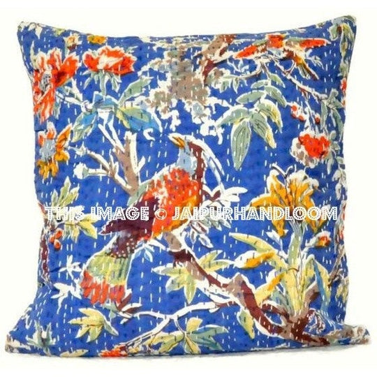 16x16" Blue Handmade Kantha Pillow, Kantha Decorative throw Pillow, kantha cushion, Floral Pillow Cushion, Indian Pillow, Cotton Pillow-Jaipur Handloom