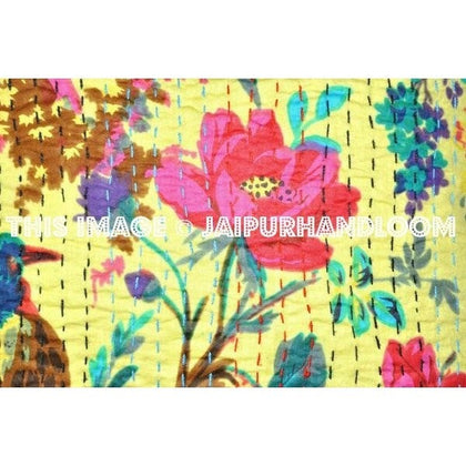 16x16" yellow Handmade Kantha Pillow, Kantha Decorative throw Pillow, kantha cushion, Floral Pillow Cushion, Indian Pillow, Cotton Pillow-Jaipur Handloom