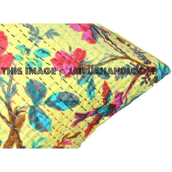 16x16" yellow Handmade Kantha Pillow, Kantha Decorative throw Pillow, kantha cushion, Floral Pillow Cushion, Indian Pillow, Cotton Pillow-Jaipur Handloom