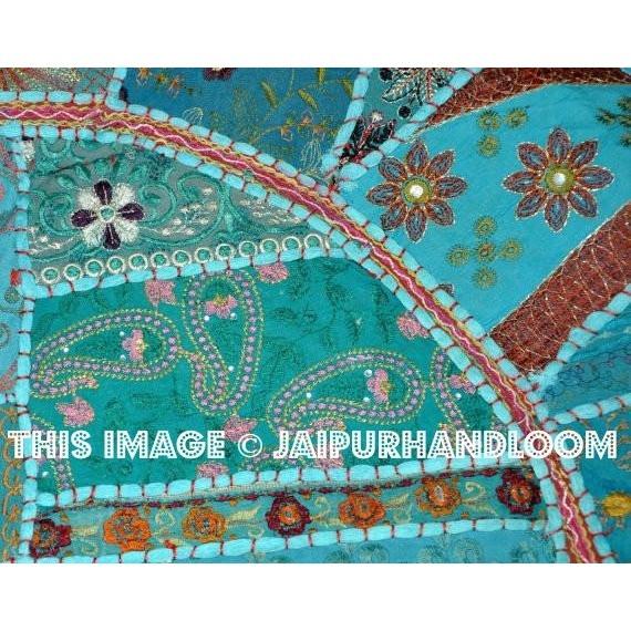 17" Giant Floor Pillow Large floor Cushion pouf pouffe poof round embroidered patchwork Bohemian floor cushion Indian Foot Stool Bean Bag-Jaipur Handloom