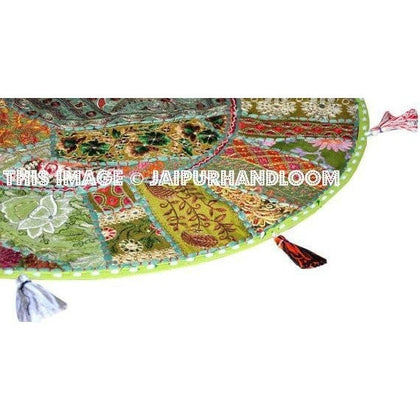 17" Green Patchwork Round Floor Pillow Cushion round embroidered Bohemian Patchwork floor cushion pouf Vintage Indian Foot Stool ottoman-Jaipur Handloom