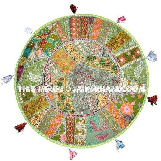 17" Green Patchwork Round Floor Pillow Cushion round embroidered Bohemian Patchwork floor cushion pouf Vintage Indian Foot Stool ottoman-Jaipur Handloom