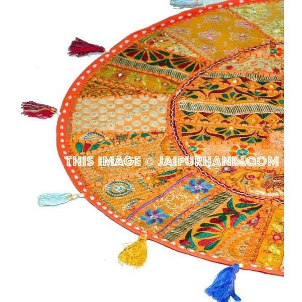 17" Indian Round Floor Cushions Pouffe Embroidered Patchwork Round Foot Stool Bean Bag