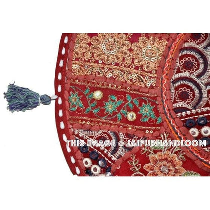 17" Indian pouf ottoman Round Floor Pillow Cushion Red embroidered Bohemian Patchwork floor cushion pouf Vintage Indian Foot Stool Bean Bag-Jaipur Handloom