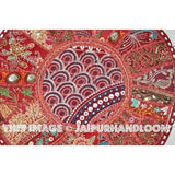 17" Indian pouf ottoman Round Floor Pillow Cushion Red embroidered Bohemian Patchwork floor cushion pouf Vintage Indian Foot Stool Bean Bag-Jaipur Handloom