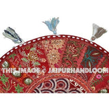 17" Indian pouf ottoman Round Floor Pillow Cushion Red embroidered Bohemian Patchwork floor cushion pouf Vintage Indian Foot Stool Bean Bag-Jaipur Handloom