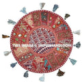 17" Indian pouf ottoman Round Floor Pillow Cushion Red embroidered Bohemian Patchwork floor cushion pouf Vintage Indian Foot Stool Bean Bag-Jaipur Handloom