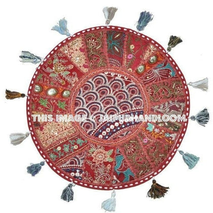 17" Indian pouf ottoman Round Floor Pillow Cushion Red embroidered Bohemian Patchwork floor cushion pouf Vintage Indian Foot Stool Bean Bag-Jaipur Handloom