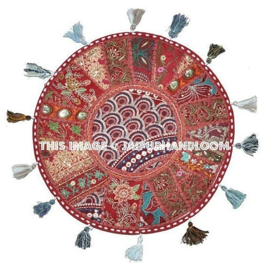 17" Indian pouf ottoman Round Floor Pillow Cushion Red embroidered Bohemian Patchwork floor cushion pouf Vintage Indian Foot Stool Bean Bag-Jaipur Handloom
