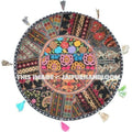 17" Patchwork Round Floor Pillow Cushion in Black round embroidered Bohemian Patchwork floor cushion pouf Vintage Indian Foot Stool ottoman-Jaipur Handloom