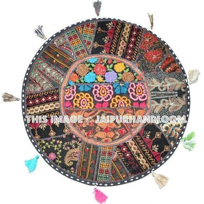 17" Patchwork Round Floor Pillow Cushion in Black round embroidered Bohemian Patchwork floor cushion pouf Vintage Indian Foot Stool ottoman-Jaipur Handloom