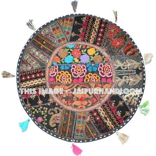 17" Patchwork Round Floor Pillow Cushion in Black round embroidered Bohemian Patchwork floor cushion pouf Vintage Indian Foot Stool ottoman-Jaipur Handloom