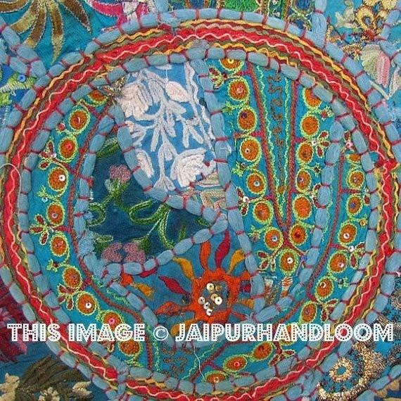 17" Patchwork Round Floor Pillow Cushion in Blue round embroidered Bohemian Patchwork floor cushion pouf Vintage Indian Foot Stool ottoman-Jaipur Handloom