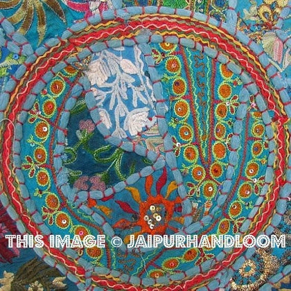 17" Patchwork Round Floor Pillow Cushion in Blue round embroidered Bohemian Patchwork floor cushion pouf Vintage Indian Foot Stool ottoman-Jaipur Handloom
