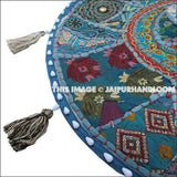 17" Patchwork Round Floor Pillow Cushion in Blue round embroidered Bohemian Patchwork floor cushion pouf Vintage Indian Foot Stool ottoman-Jaipur Handloom