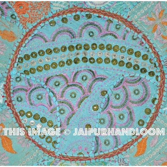 17" Patchwork Round Floor Pillow Cushion in Blue round embroidered Bohemian Patchwork floor cushion pouf Vintage Indian Foot Stool ottoman-Jaipur Handloom