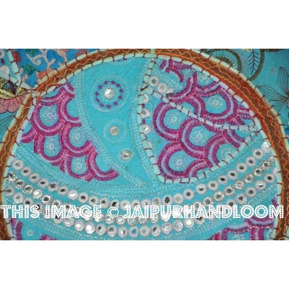 17" Patchwork Round Floor Pillow Cushion in Blue round embroidered Bohemian Patchwork floor cushion pouf Vintage Indian Foot Stool ottoman-Jaipur Handloom