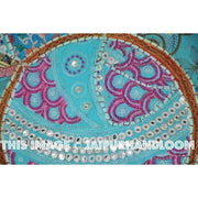 17" Patchwork Round Floor Pillow Cushion in Blue round embroidered Bohemian Patchwork floor cushion pouf Vintage Indian Foot Stool ottoman-Jaipur Handloom