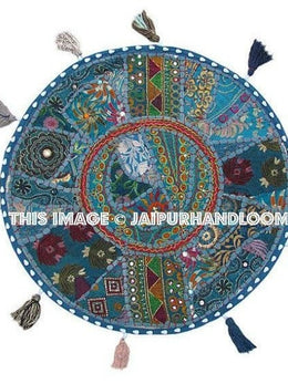 17" Patchwork Round Floor Pillow Cushion in Blue round embroidered Bohemian Patchwork floor cushion pouf Vintage Indian Foot Stool ottoman