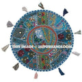 17" Patchwork Round Floor Pillow Cushion in Blue round embroidered Bohemian Patchwork floor cushion pouf Vintage Indian Foot Stool ottoman-Jaipur Handloom