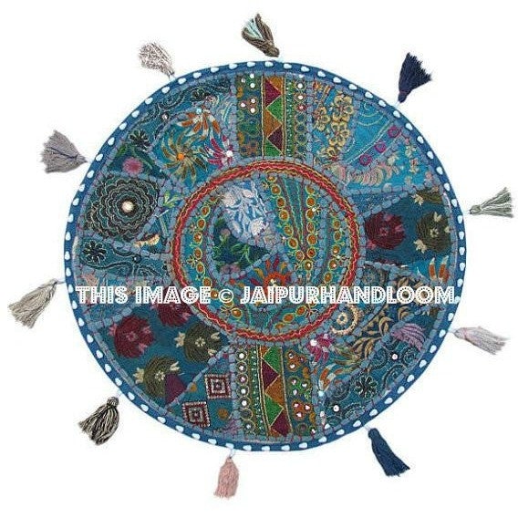 17" Patchwork Round Floor Pillow Cushion in Blue round embroidered Bohemian Patchwork floor cushion pouf Vintage Indian Foot Stool ottoman-Jaipur Handloom