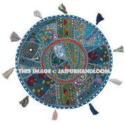 17" Patchwork Round Floor Pillow Cushion in Blue round embroidered Bohemian Patchwork floor cushion pouf Vintage Indian Foot Stool ottoman-Jaipur Handloom