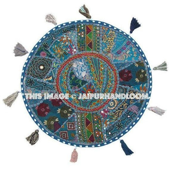 17" Patchwork Round Floor Pillow Cushion in Blue round embroidered Bohemian Patchwork floor cushion pouf Vintage Indian Foot Stool ottoman-Jaipur Handloom