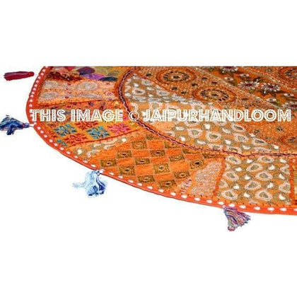 17" Patchwork Round Floor Pillow Cushion in Orange round embroidered Bohemian Patchwork floor cushion pouf Vintage Indian Foot Stool ottoman-Jaipur Handloom