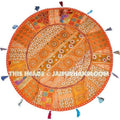 17" Patchwork Round Floor Pillow Cushion in Orange round embroidered Bohemian Patchwork floor cushion pouf Vintage Indian Foot Stool ottoman-Jaipur Handloom