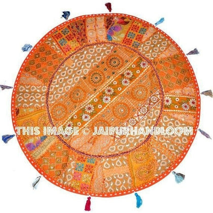17" Patchwork Round Floor Pillow Cushion in Orange round embroidered Bohemian Patchwork floor cushion pouf Vintage Indian Foot Stool ottoman-Jaipur Handloom