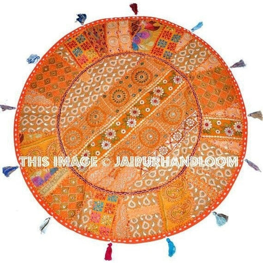 17" Patchwork Round Floor Pillow Cushion in Orange round embroidered Bohemian Patchwork floor cushion pouf Vintage Indian Foot Stool ottoman-Jaipur Handloom
