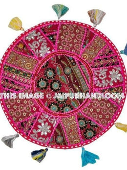 17" Patchwork Round Floor Pillow Cushion in Pink round embroidered Bohemian Patchwork floor cushion pouf Vintage Indian Foot Stool ottoman