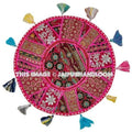 17" Patchwork Round Floor Pillow Cushion in Pink round embroidered Bohemian Patchwork floor cushion pouf Vintage Indian Foot Stool ottoman-Jaipur Handloom