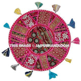 17" Patchwork Round Floor Pillow Cushion in Pink round embroidered Bohemian Patchwork floor cushion pouf Vintage Indian Foot Stool ottoman-Jaipur Handloom