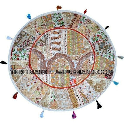 17" Patchwork Round Floor Pillow Cushion round embroidered Bohemian Patchwork floor cushion pouf Vintage Indian Foot Stool Bean Bag-Jaipur Handloom