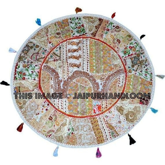 17" Patchwork Round Floor Pillow Cushion round embroidered Bohemian Patchwork floor cushion pouf Vintage Indian Foot Stool Bean Bag-Jaipur Handloom