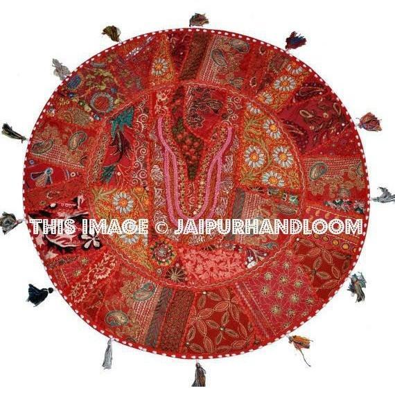 17" Red Large Round Floor Pillow Meditation Cushion religious Buddha Yoga Seating Floor Pillow Cover Throw Pillow bean bag Foot Stool-Jaipur Handloom