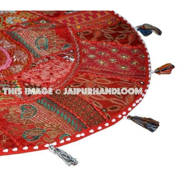 17" Red Large Round Floor Pillow Meditation Cushion religious Buddha Yoga Seating Floor Pillow Cover Throw Pillow bean bag Foot Stool-Jaipur Handloom