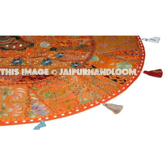 17" Round pouf ottoman Floor Pillow Cushion in Orange round embroidered patchwork Bohemian floor cushion pouf Indian Foot Stool Bean Bag