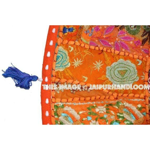 17" Round pouf ottoman Floor Pillow Cushion in Orange round embroidered patchwork Bohemian floor cushion pouf Indian Foot Stool Bean Bag