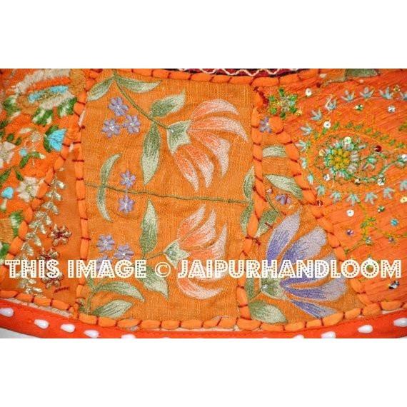 17" Round pouf ottoman Floor Pillow Cushion in Orange round embroidered patchwork Bohemian floor cushion pouf Indian Foot Stool Bean Bag