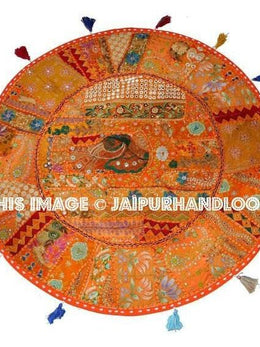 17" Round pouf ottoman Floor Pillow Cushion in Orange round embroidered patchwork Bohemian floor cushion pouf Indian Foot Stool Bean Bag
