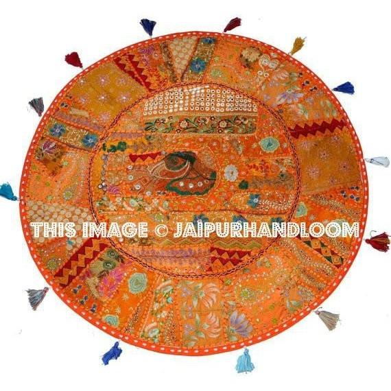 17" Round pouf ottoman Floor Pillow Cushion in Orange round embroidered patchwork Bohemian floor cushion pouf Indian Foot Stool Bean Bag